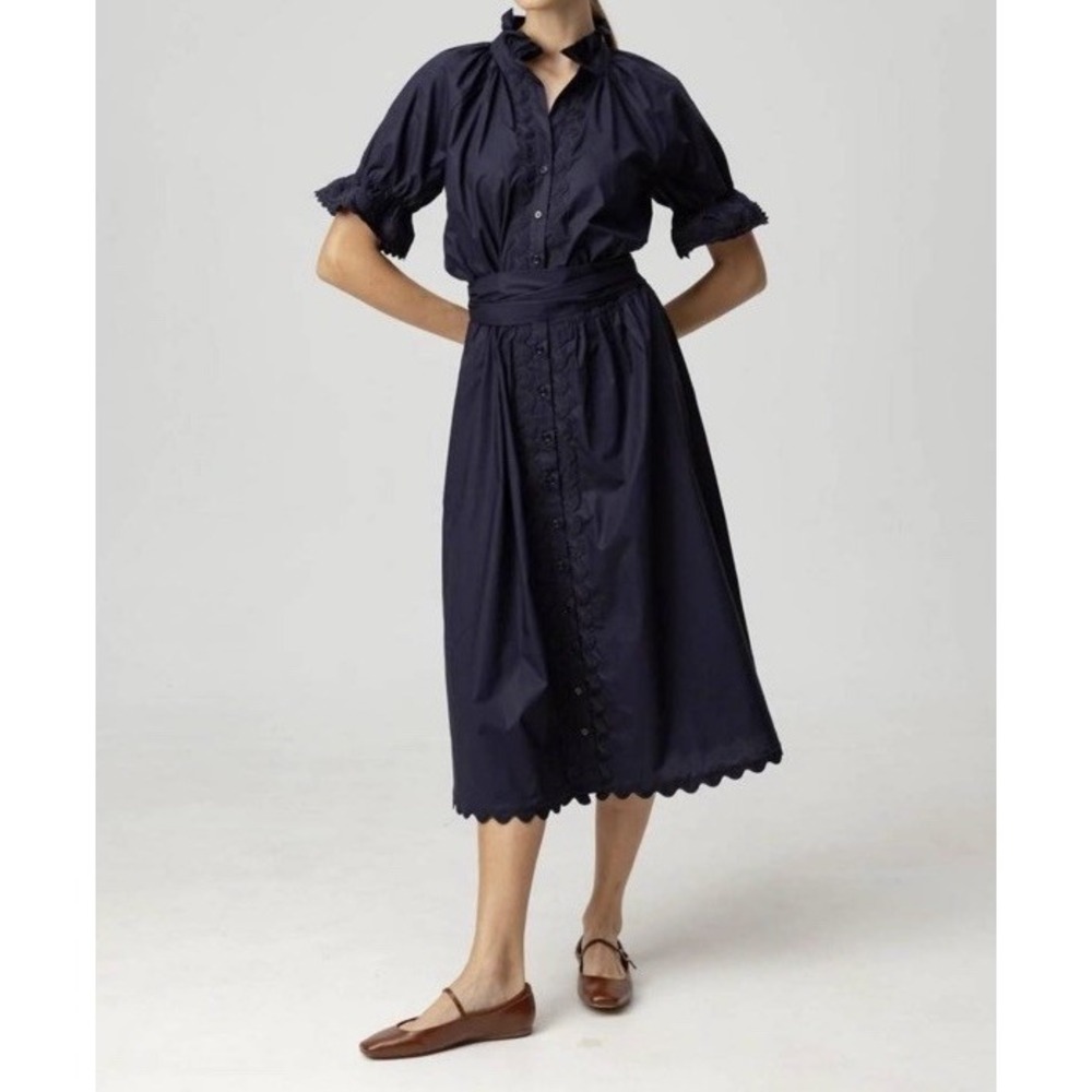 We Are Sundays Aliza Dress Navy Cotton Poplin Button Midi Sz Medium NEW $315